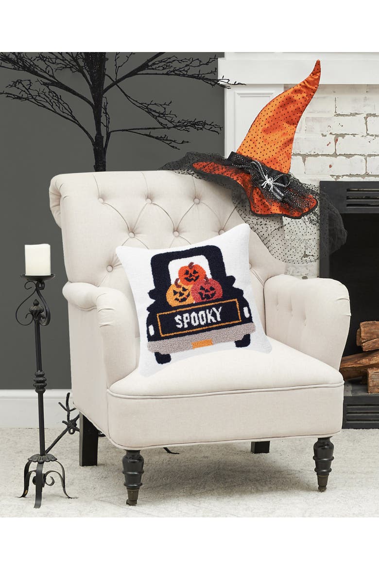 Pumpkin Truck Happy Halloween Hooked Throw Pillow, 3" x 18", Alternate, color, White