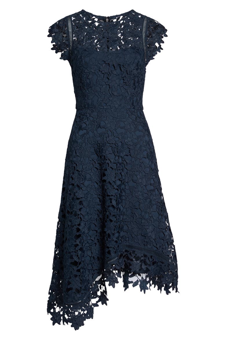 Asymmetrical Lace Fit & Flare Dress, Alternate, color, NAVY