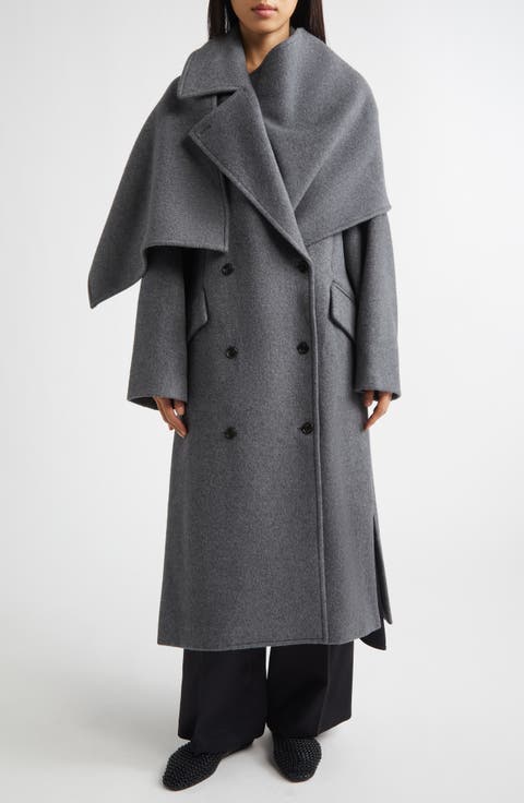Double Breasted Wool Blend Coat with Scarf Detail