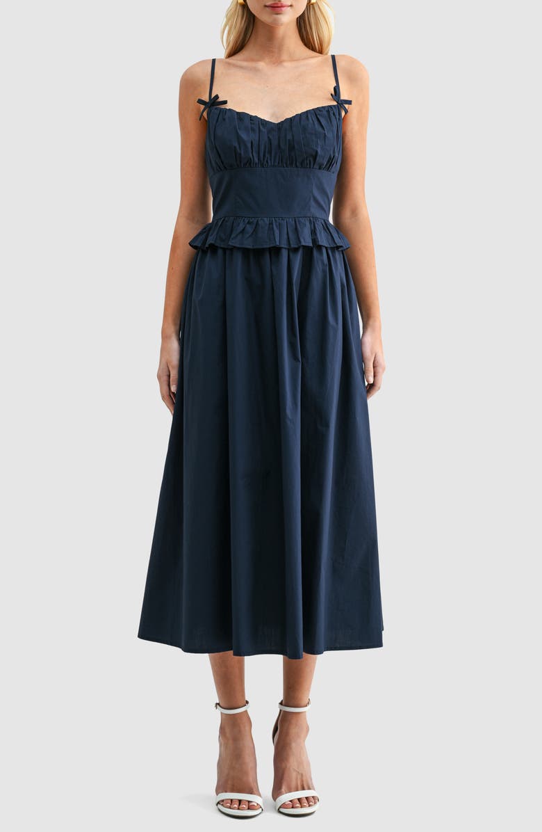 All in Favor Ruffle Waist Cotton Midi Dress, Main, color, Navy