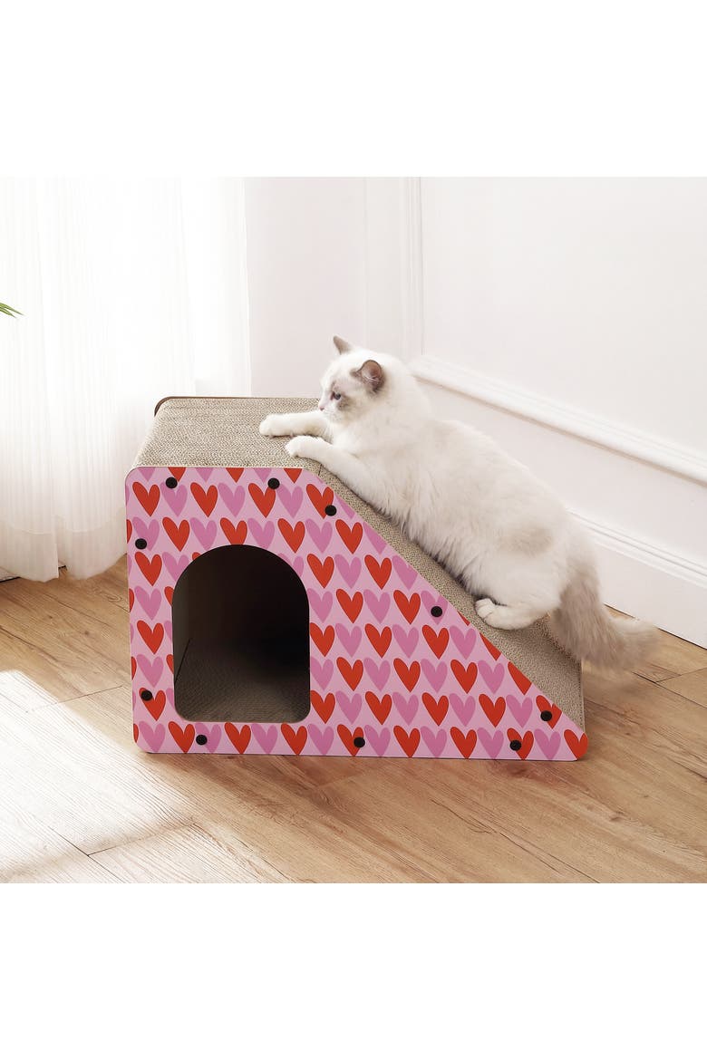 Kento Minimalist Cardboard Angled Cat Cave Scratcher with Catnip, Alternate, color, Pink/Red