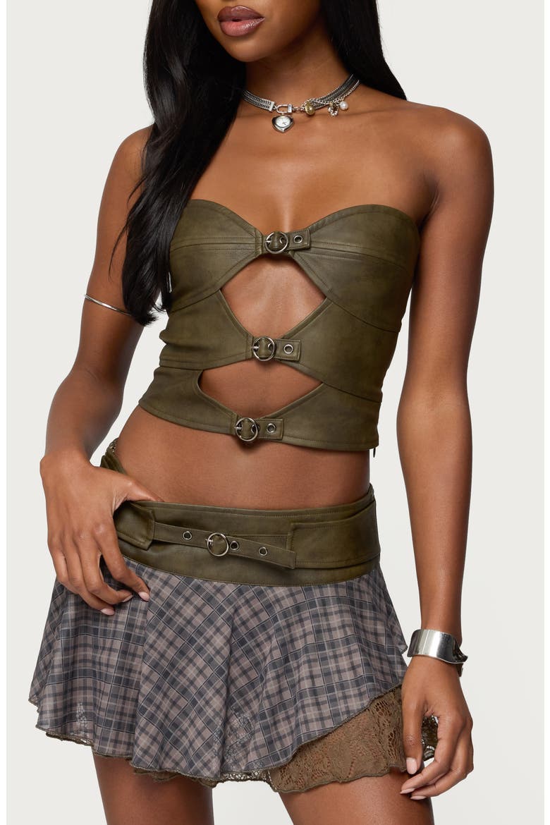 Varley Buckle Cutout Strapless Faux Leather Top, Main, color, OLIVE