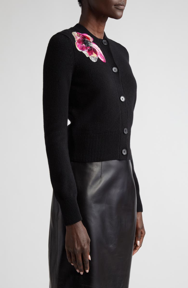 McQueen Floral Beaded Shrunken Wool & Cashmere Cardigan, Alternate, color, 