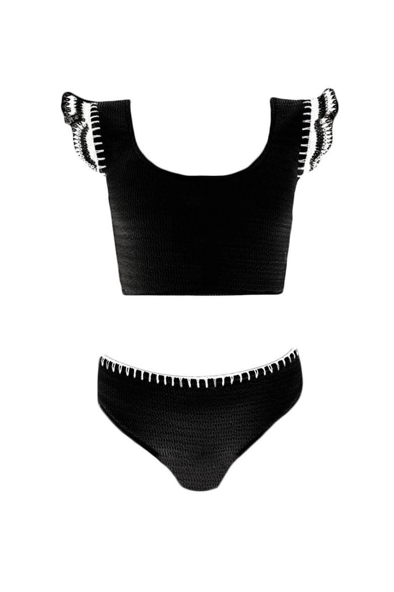 Hand-Knitted Ruffle Lacework Detail Two Piece Bikini, Litte Kid-Big Kid, Main, color, Black