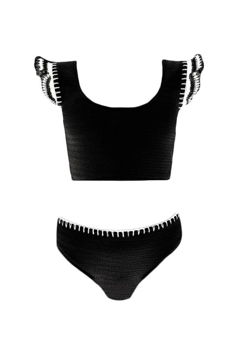 Hand-Knitted Ruffle Lacework Detail Two Piece Bikini, Litte Kid-Big Kid
