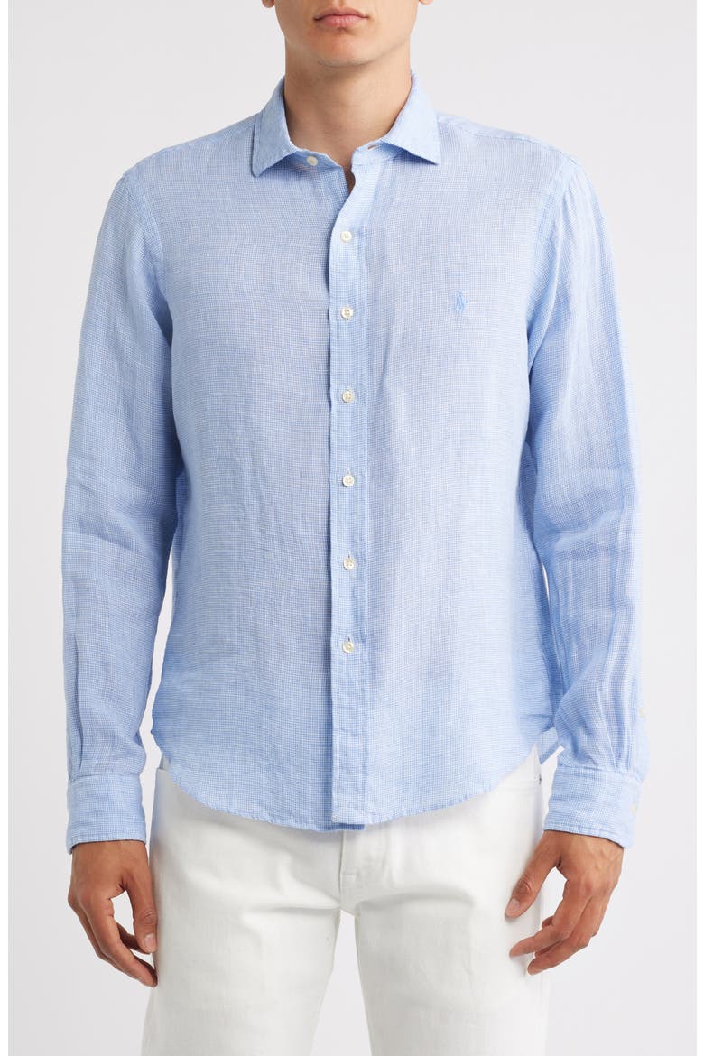 Classic Fit Houndstooth Linen Button-Up Shirt, Main, color, CABANA BLUE/WHITE