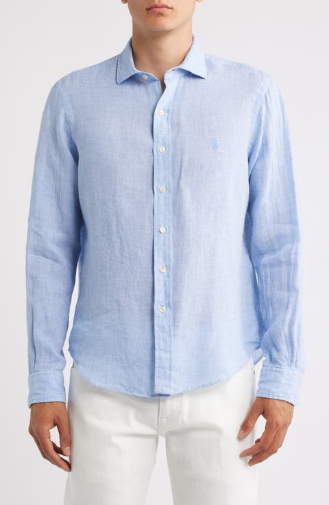Classic Fit Houndstooth Linen Button-Up Shirt