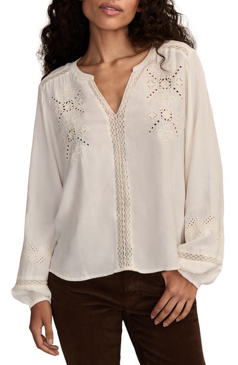 Schiffli Lace Accent Peasant Top