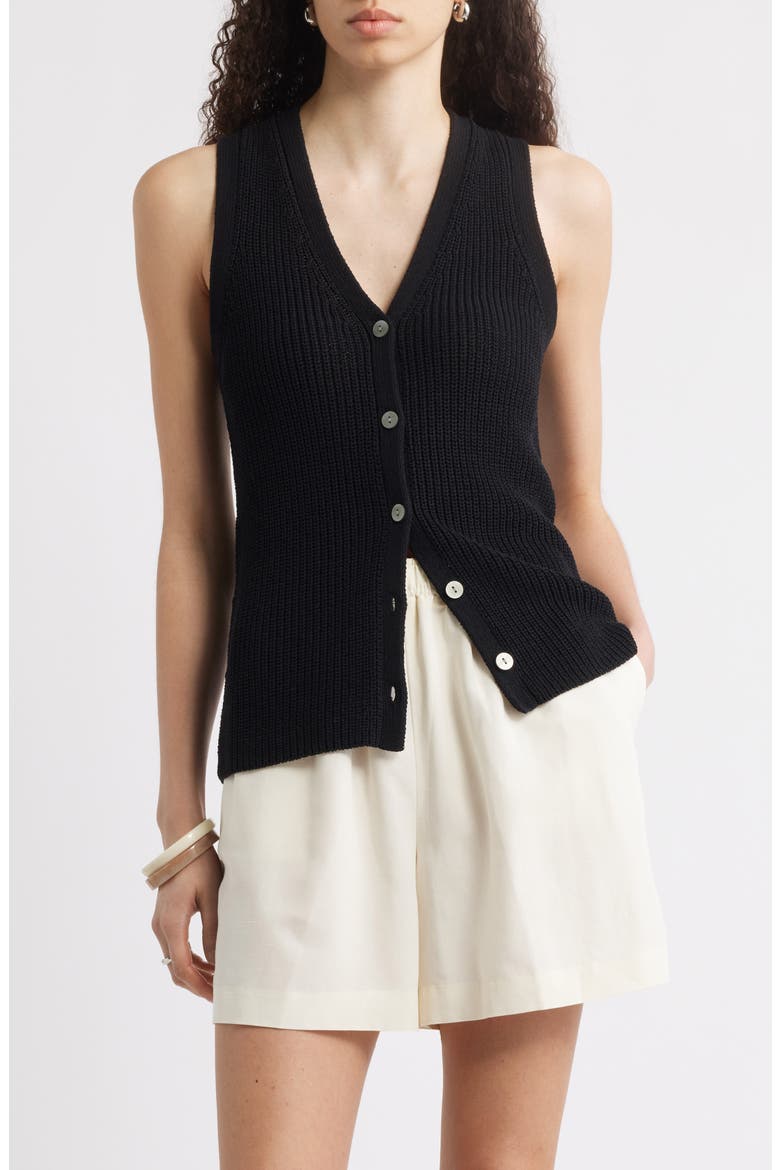 Button Front Cotton Blend Sweater Vest, Main, color, BLACK