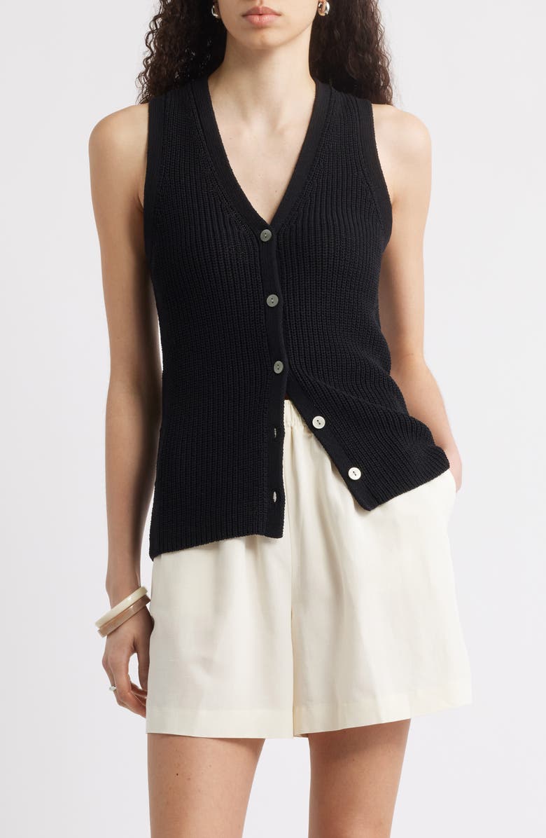 Nordstrom Button Front Cotton Blend Sweater Vest, Main, color, Black