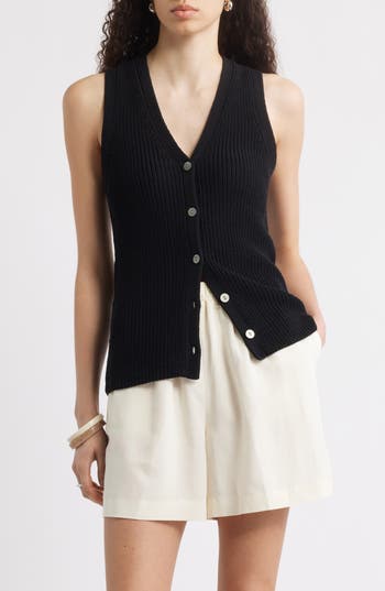 Nordstrom Button Front Cotton Blend Sweater Vest In Black