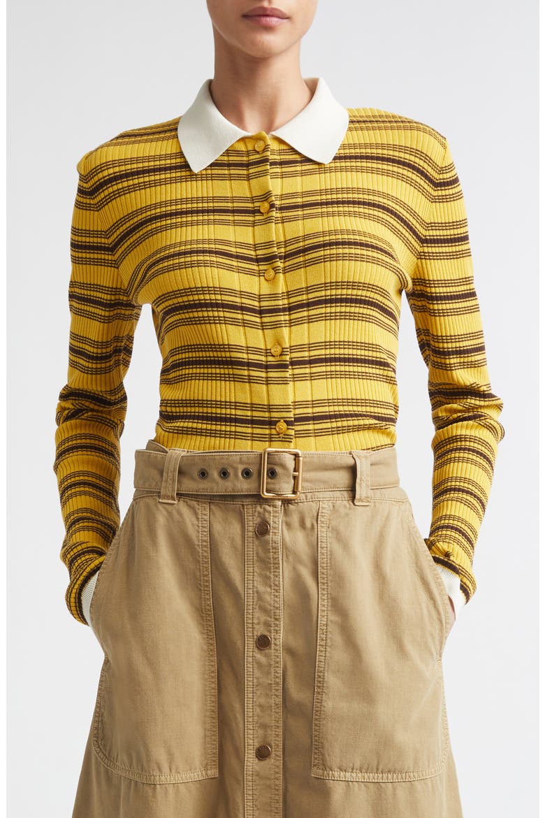 Stripe Fitted Rib Cotton Cardigan, Main, color, YELLOW/ BROWN