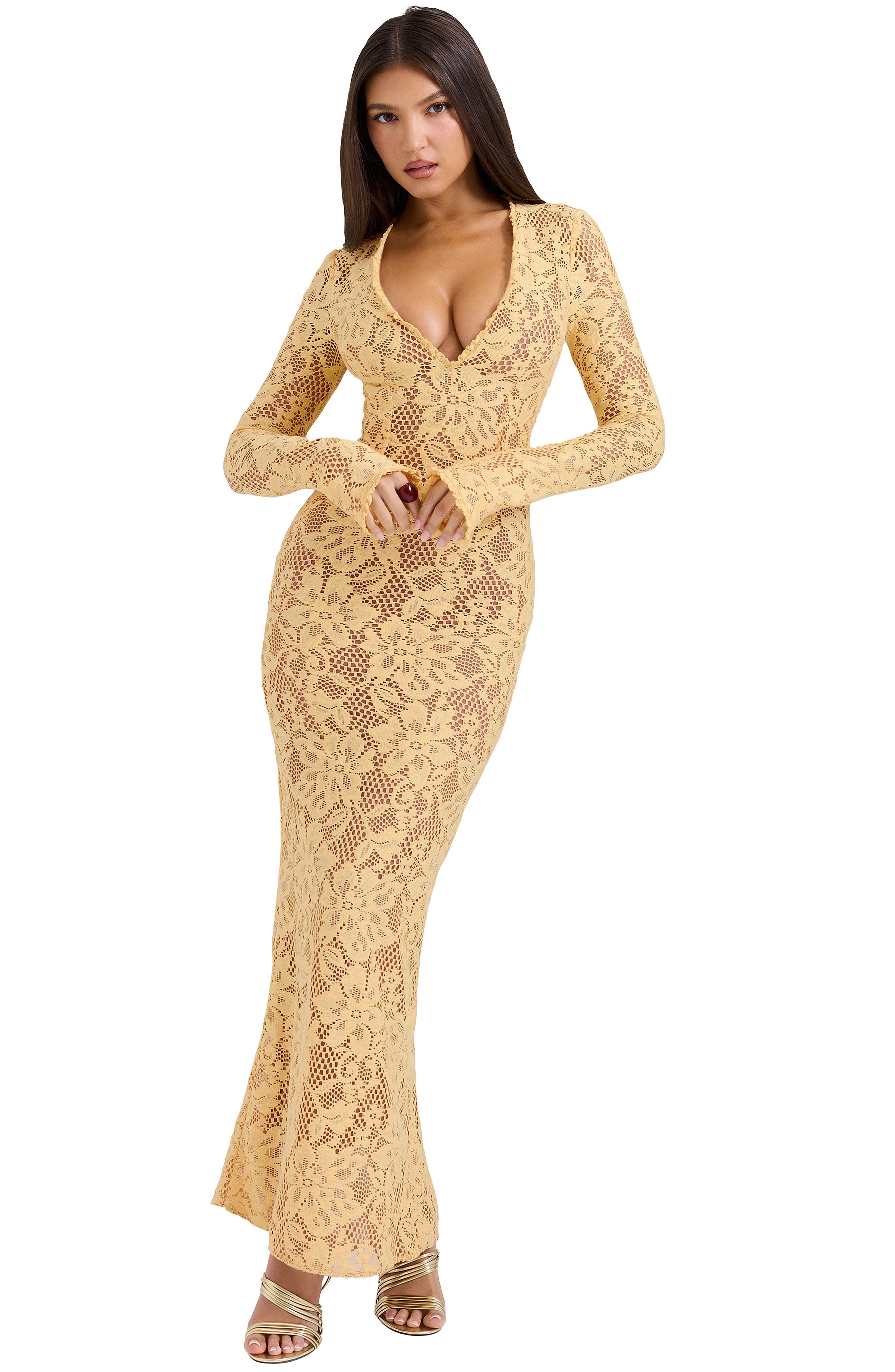 indiana long sleeve lace maxi dress House Of Cb Indiana Floral Lace Maxi Dress - Flax