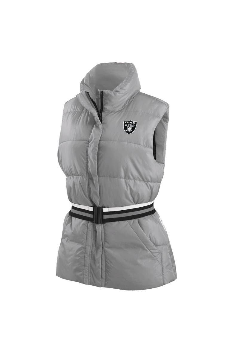 Women's WEAR by Erin Andrews Silver Las Vegas Raiders Full-Zip Puffer Vest with Belt, Alternate, color, Silver