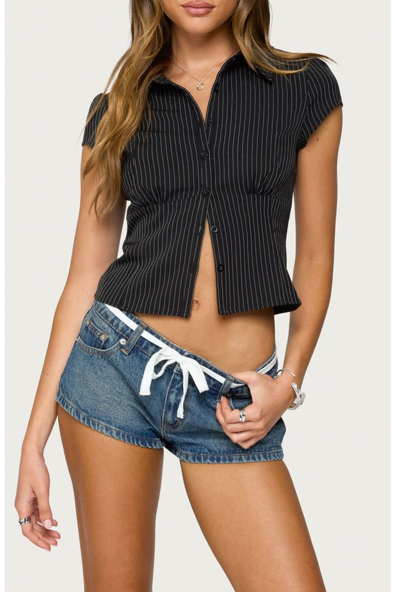 Juney Pinstripe Crop Cotton Blend Button-Up Shirt, Main, color, BLACK-AND-WHITE