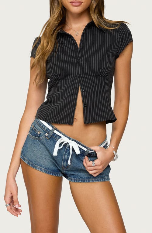 Edikted Juney Pinstripe Crop Cotton Blend Button-up Shirt In Black