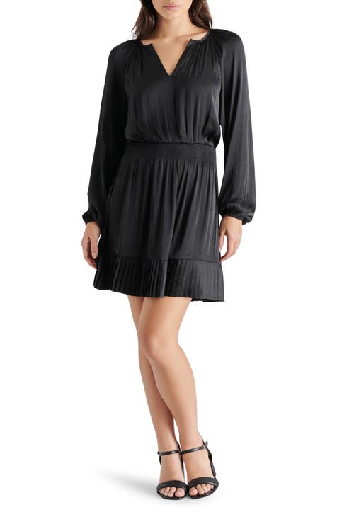 Adoria Pleated Split Neck Long Sleeve Satin Dress