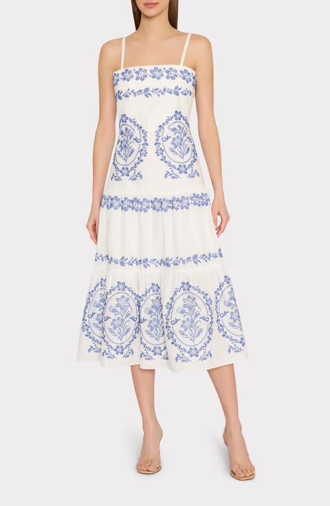Lela Placed Embroidery Linen & Cotton Midi Dress