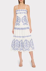 Milly Lela Placed Embroidery Linen & Cotton Midi Dress