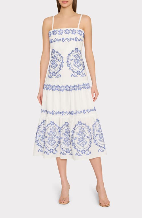 Milly Lela Placed Embroidery Linen & Cotton Midi Dress In Multi