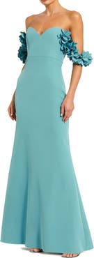 Mac Duggal Crepe Off The Shoulder Gown With 3D Flowers