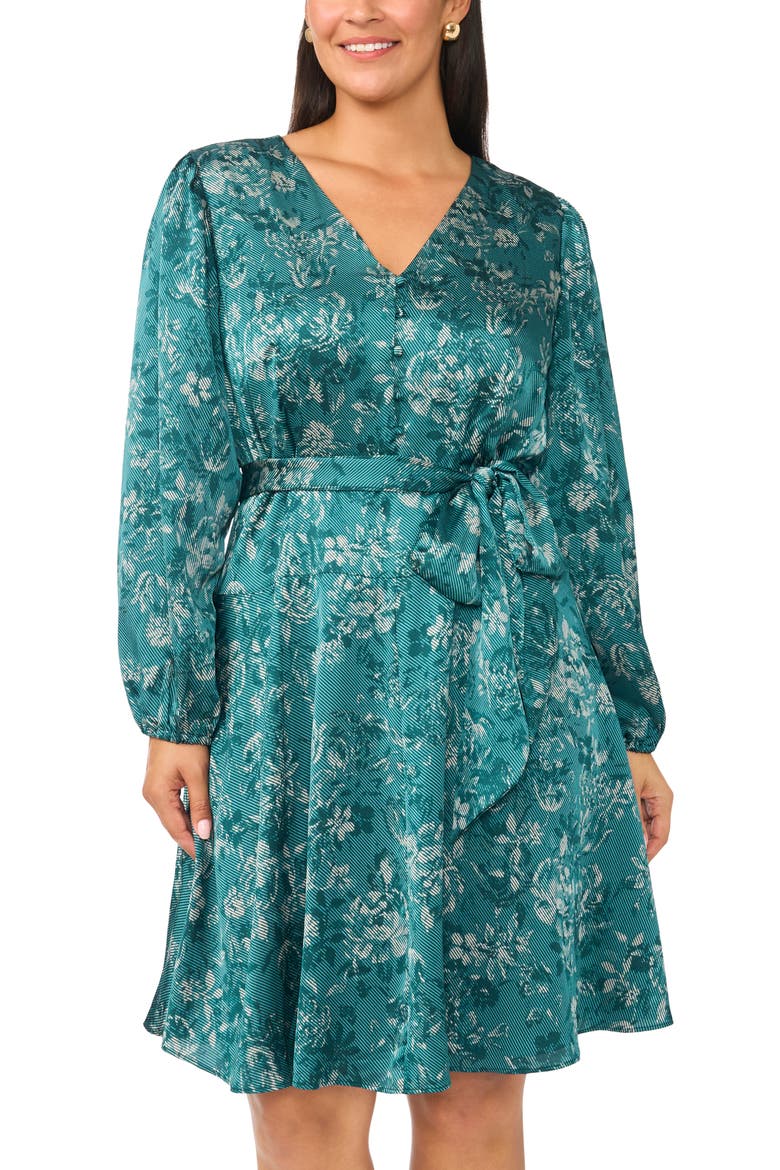 Long Sleeve Floral Print Fit & Flare Dress, Alternate, color, DEEP EMERALD