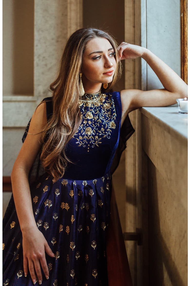 Alice Embroidered Jacquard Gown, Alternate, color, Navy Blue