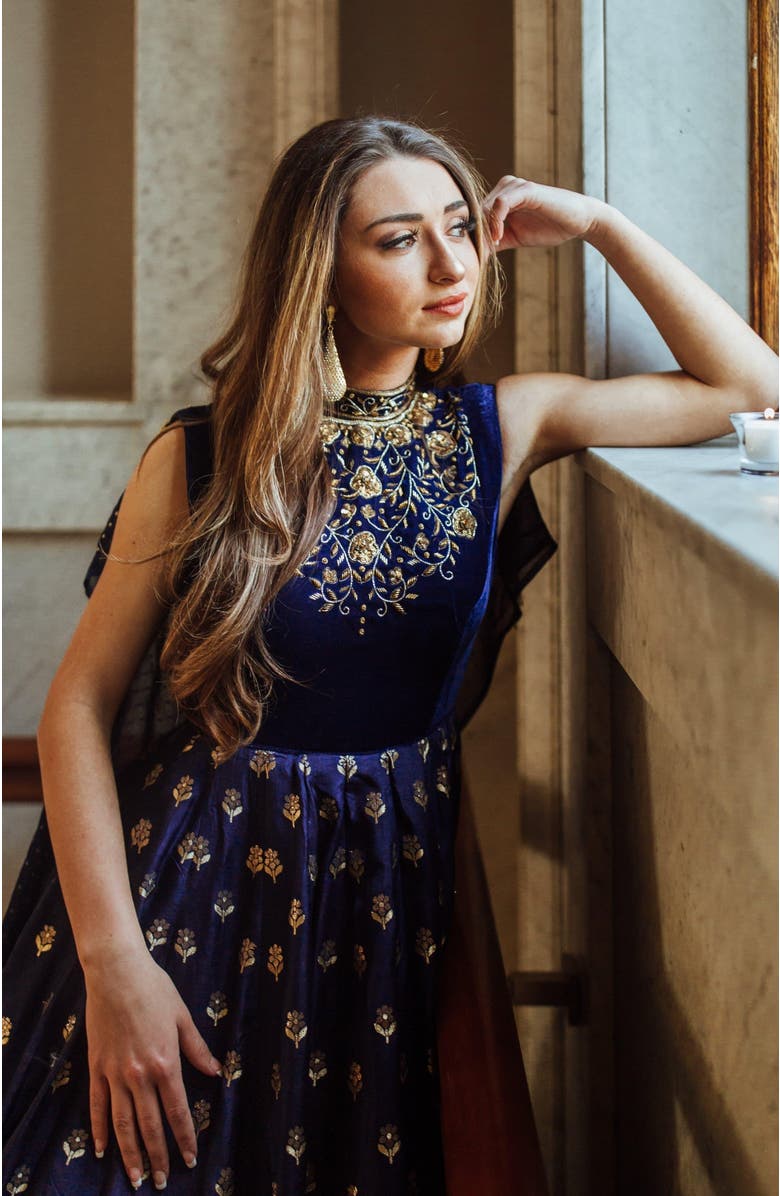 RAAS Alice Embroidered Jacquard Gown, Alternate, color, Navy Blue