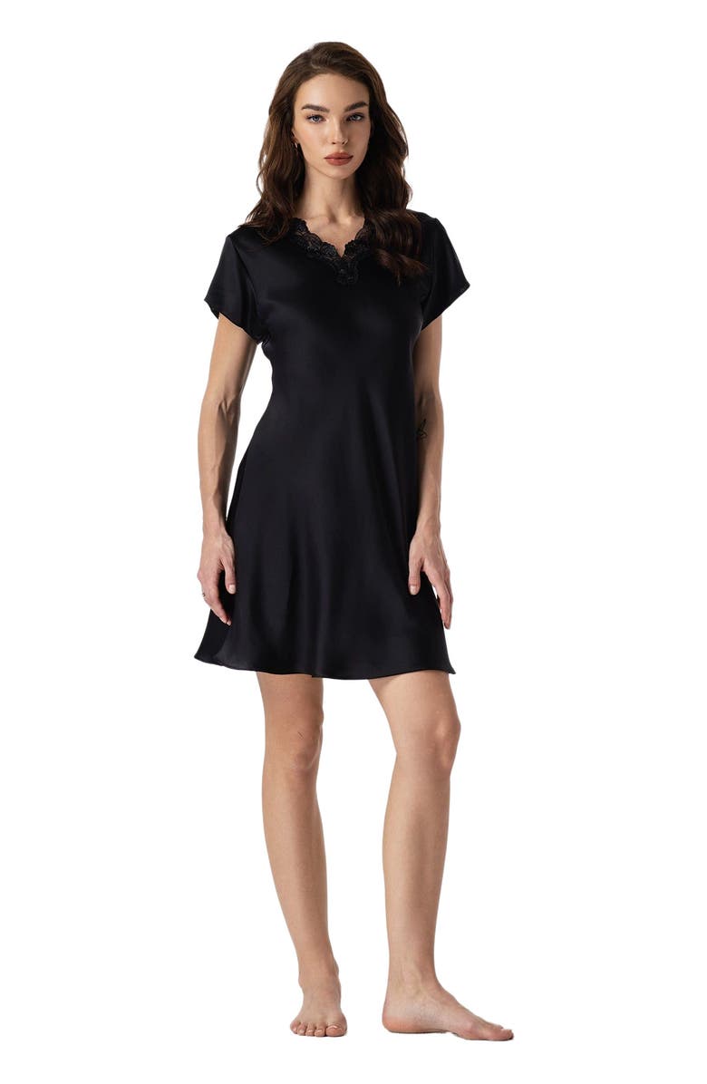 SILKSILKY Silk Lace Neckline Split Hem Nightgown, Alternate, color, Black