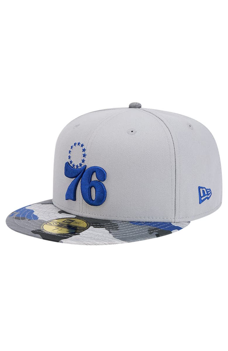New Era Men's New Era Gray Philadelphia 76ers Active Color Camo Visor 59FIFTY Fitted Hat, Alternate, color, Gray