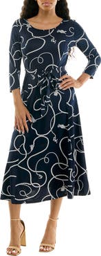 Nina Leonard Crewneck Three-Quarter Sleeve Midi Dress