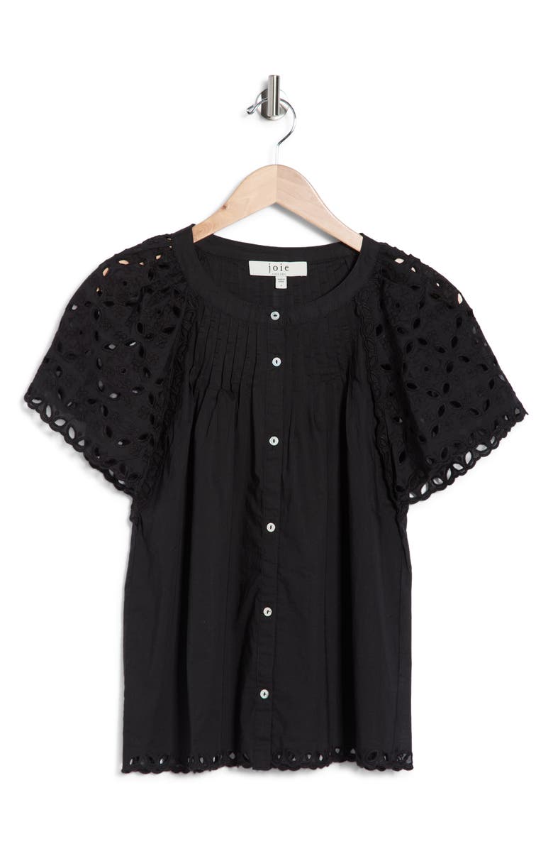 Joie Embroidered Eyelet Short Sleeve Button-Up Top, Main, color, Black