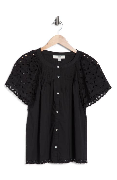 Embroidered Eyelet Short Sleeve Button-Up Top
