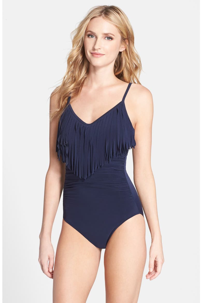 Magic Suit by Miraclesuit® 'Blaire' Fringe One-Piece Swimsuit, Main, color, NAVY