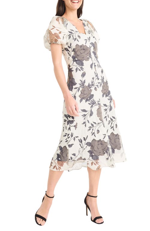 Maggy London Illusion Floral Puff Sleeve Midi Dress In Multi