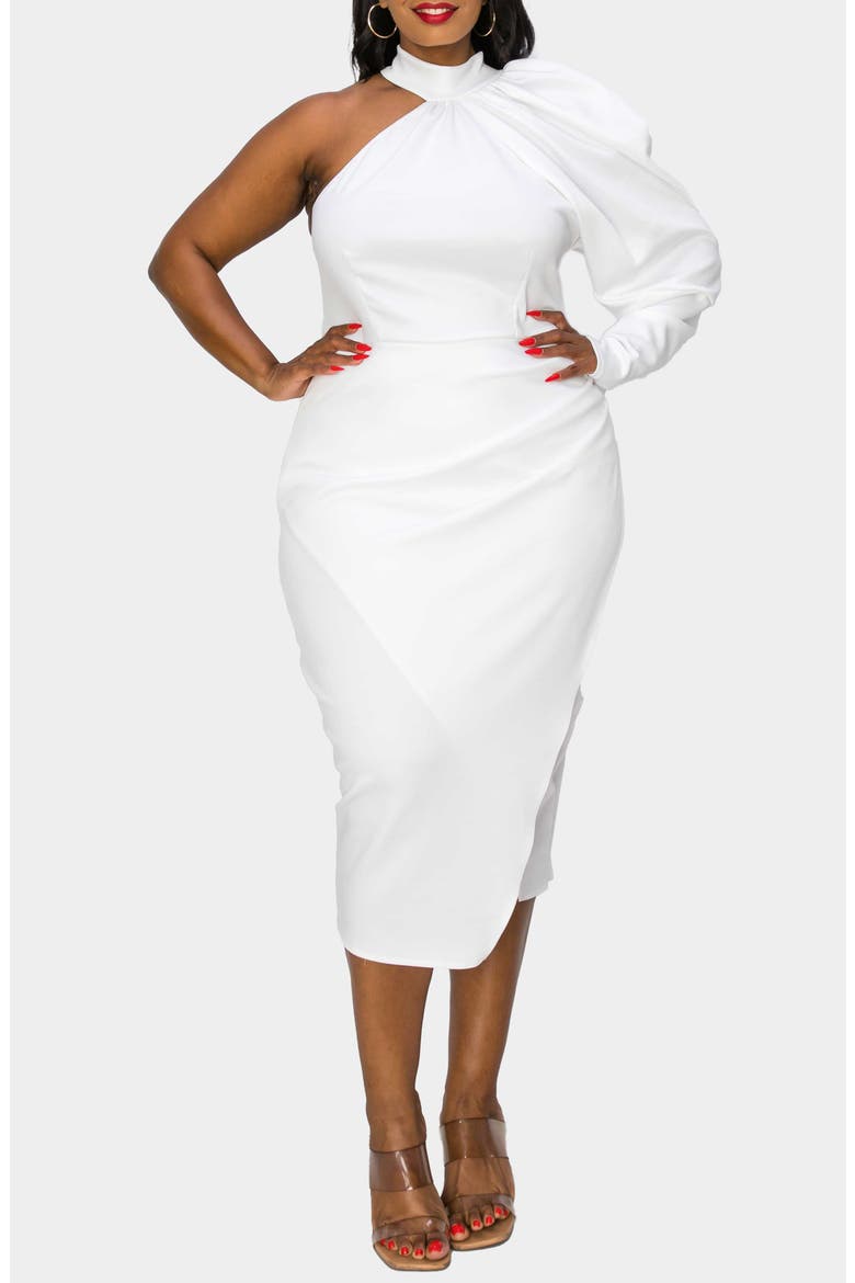 Gigi One-Shoulder Long Sleeve Midi Dress, Main, color, IVORY