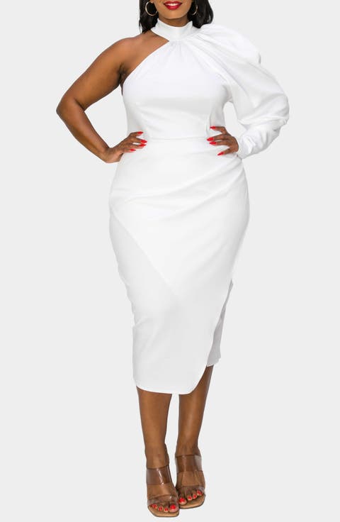 Gigi One-Shoulder Long Sleeve Midi Dress (Plus)
