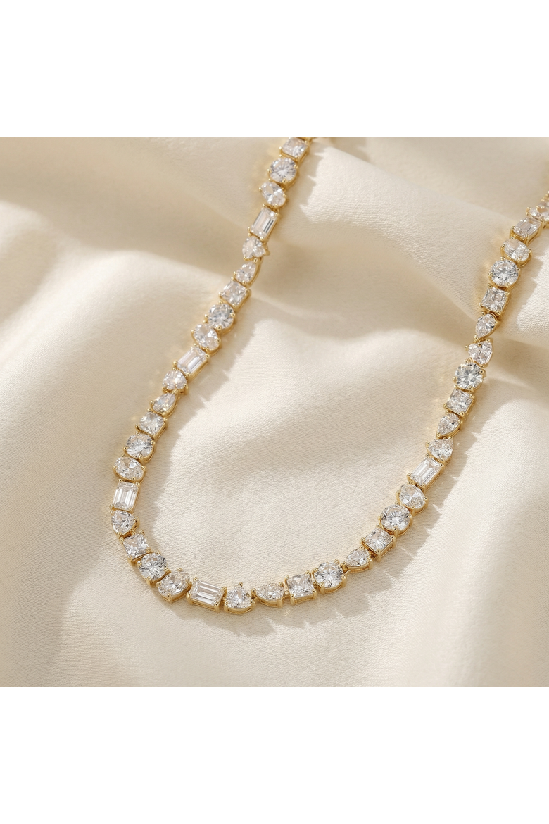 45Ct Fancy Diamond Multi Shape Tennis Necklace 14k Gold Lab Grown, Alternate, color, 14k Yellow Gold