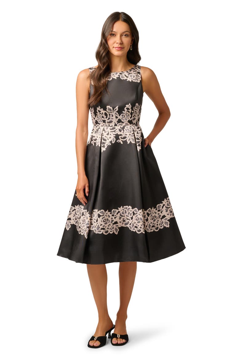 Lace Print Mikado Cocktail Dress, Alternate, color, BLACK/ ECRU