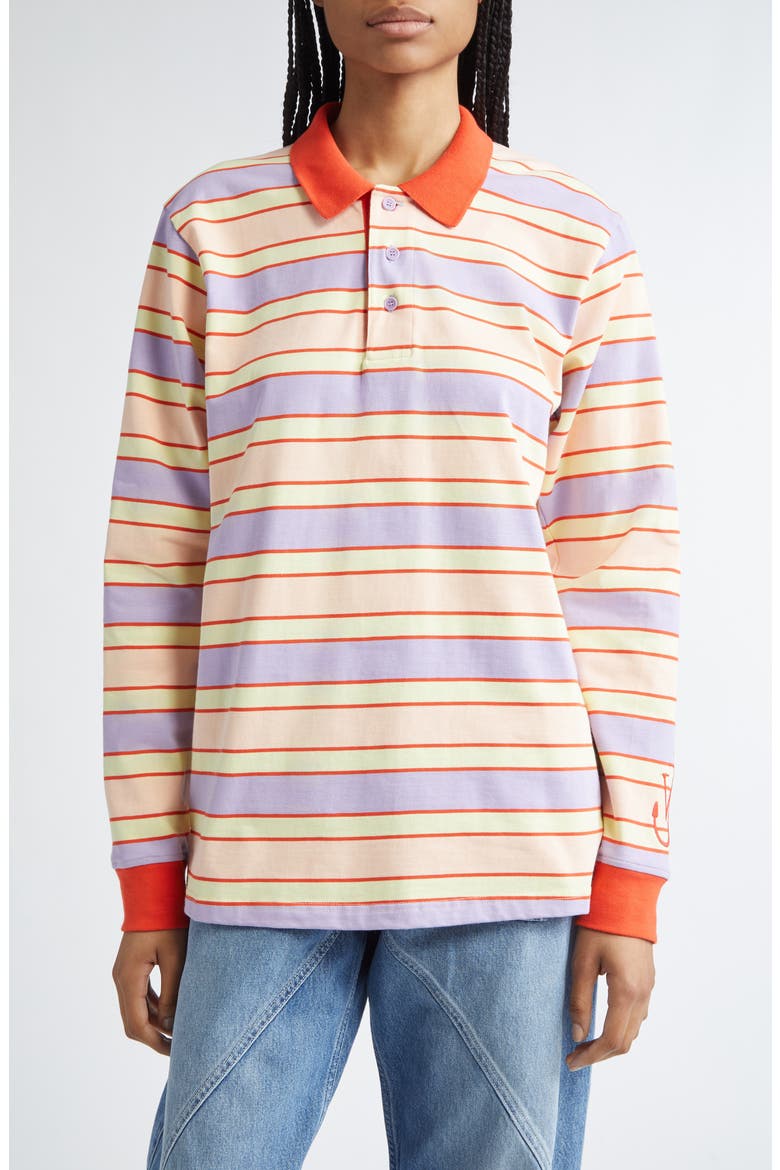 Oversize Stripe Contrast Trim Long Sleeve Polo, Main, color, PINK/ MULTI