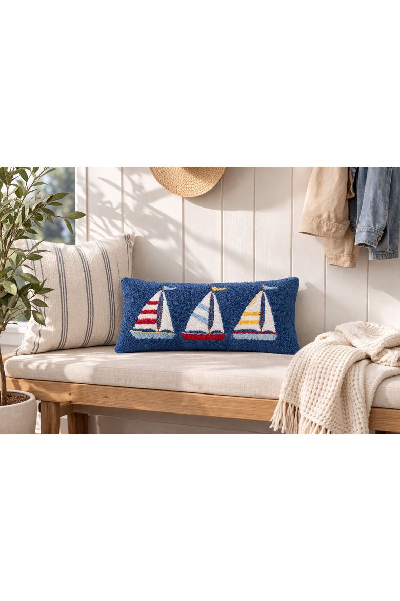 Sailboat Trio Blue Hooked Lumbar Accent Pillow 10" x 20", Alternate, color, Blue