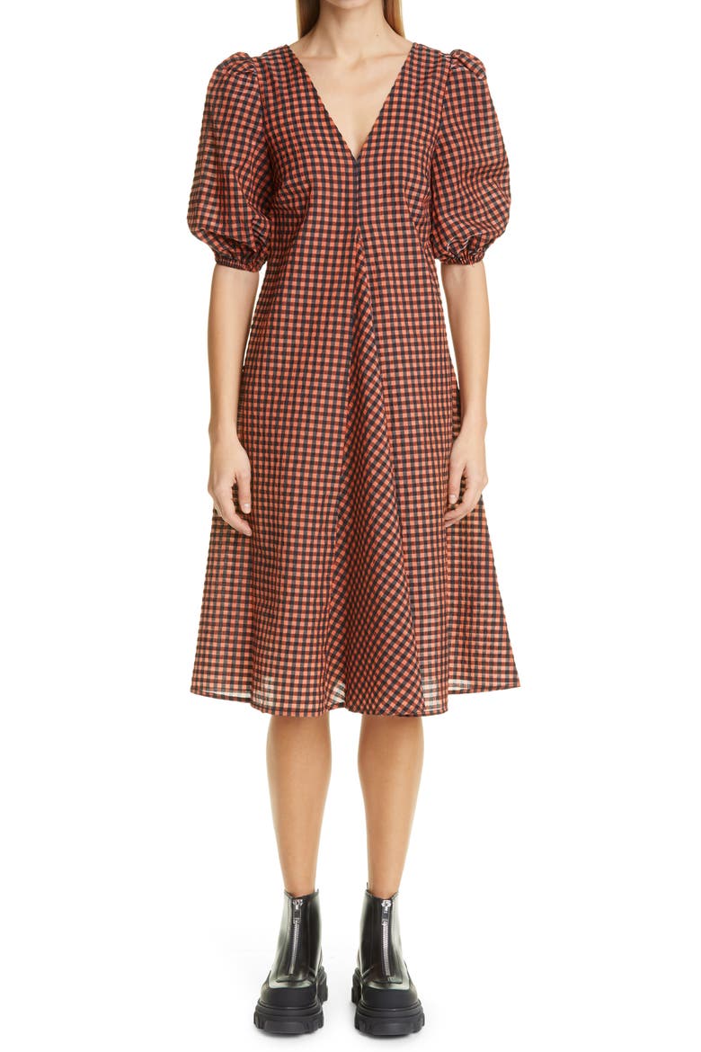 Check Balloon Sleeve Dress, Main, color, FLAME