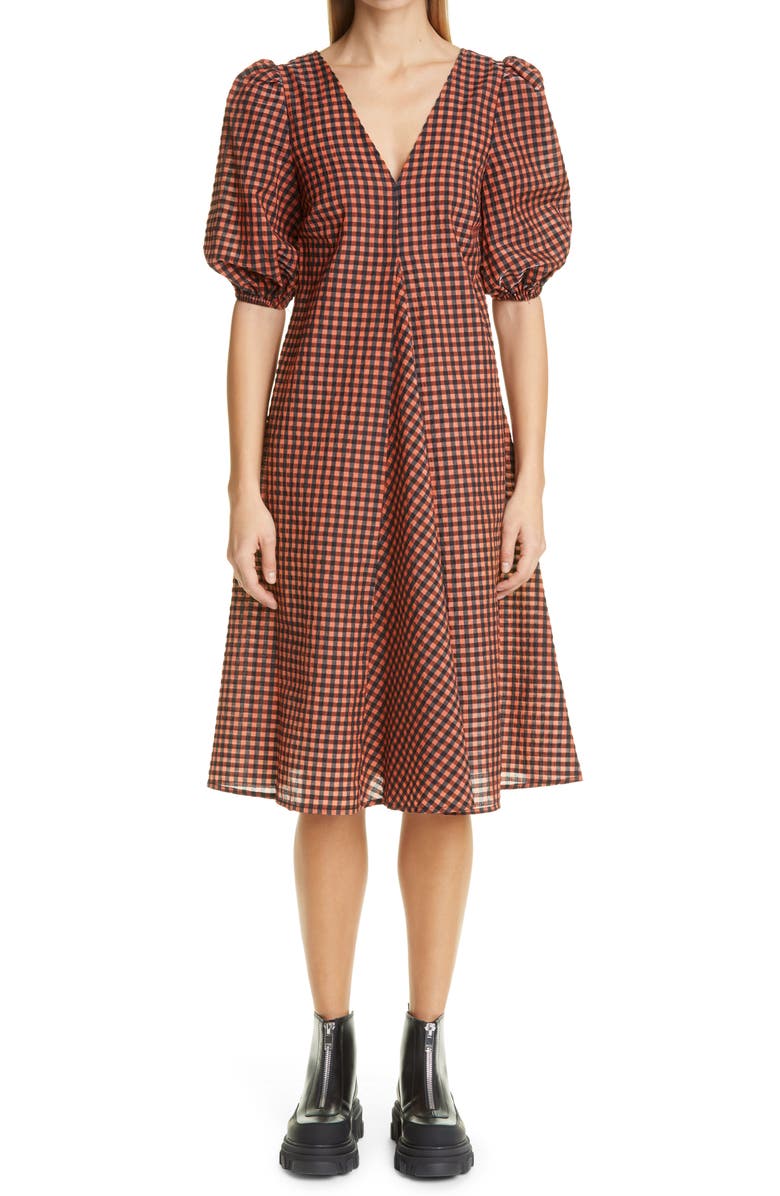 Ganni Check Balloon Sleeve Dress, Main, color, 