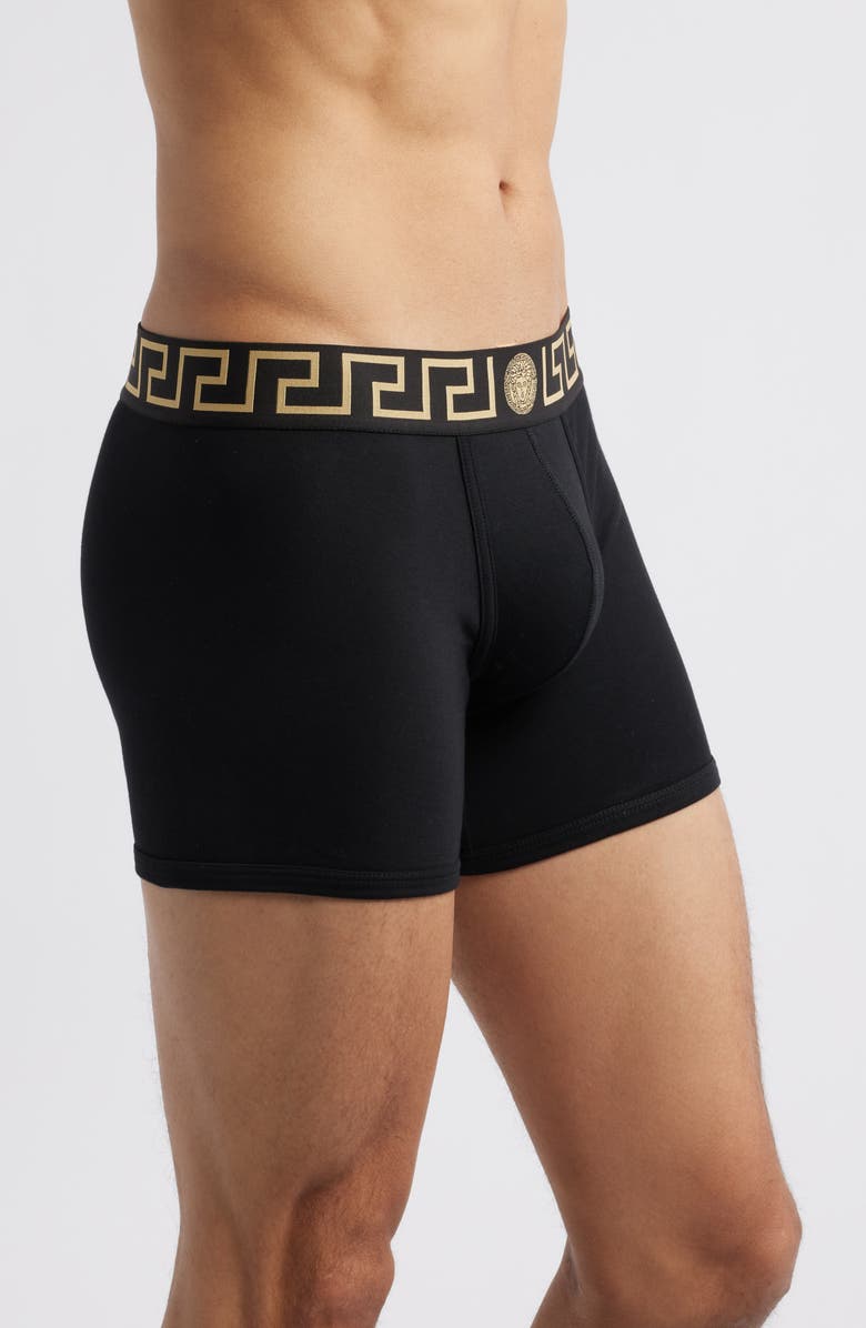 Versace 2-Pack Greca Border Stretch Cotton Boxer Briefs, Alternate, color, Black Gold Greek Key