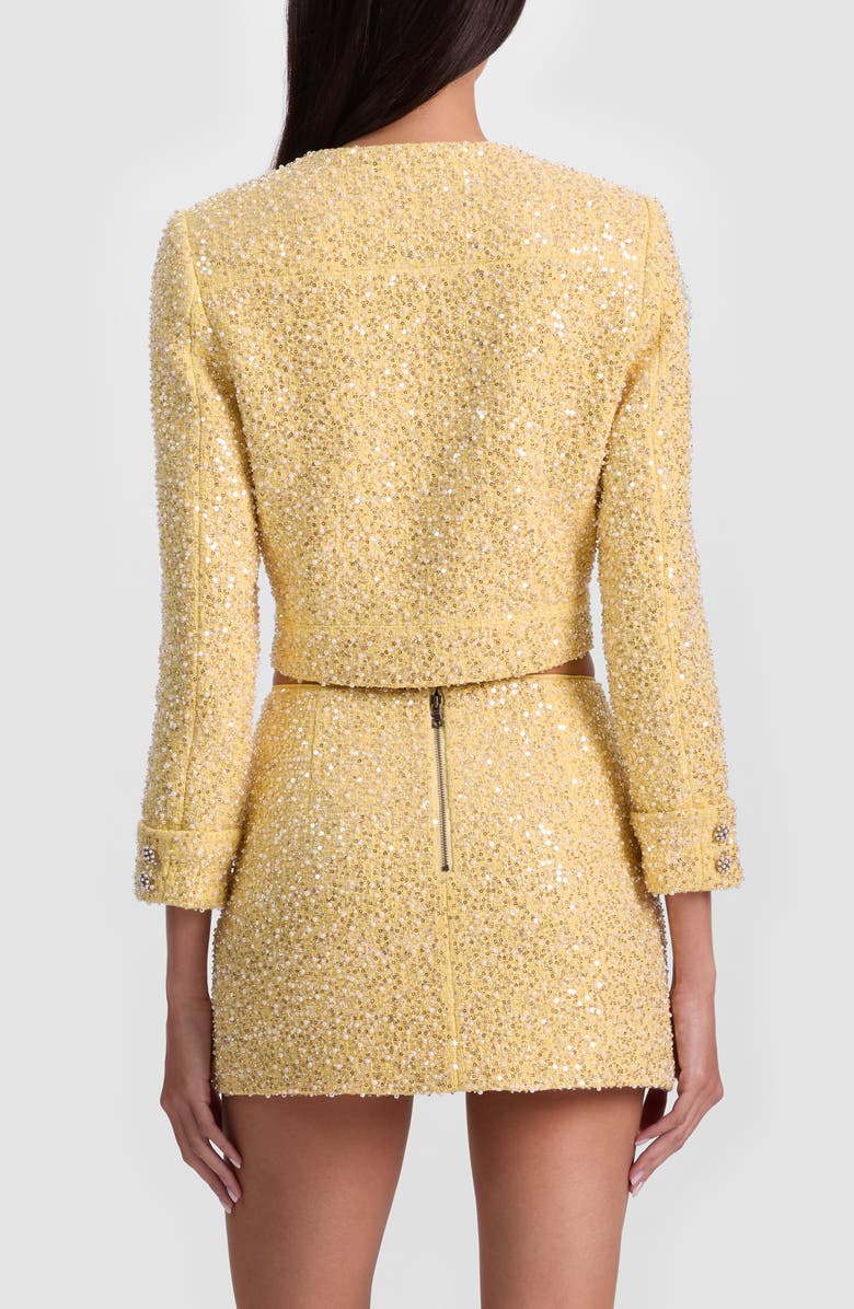 Alice + Olivia Lorie Embellished Crop Tweed Jacket, Alternate, color, Butter