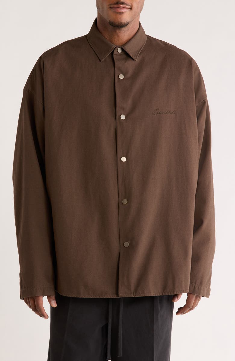 Fear of God Essentials Cotton Canvas Overshirt, Alternate, color, Brown