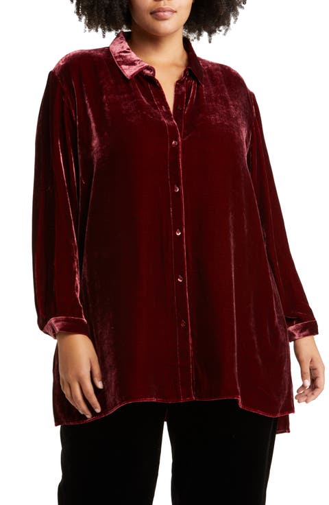 Classic Collar Long Velvet Button-Up Shirt (Plus Size)