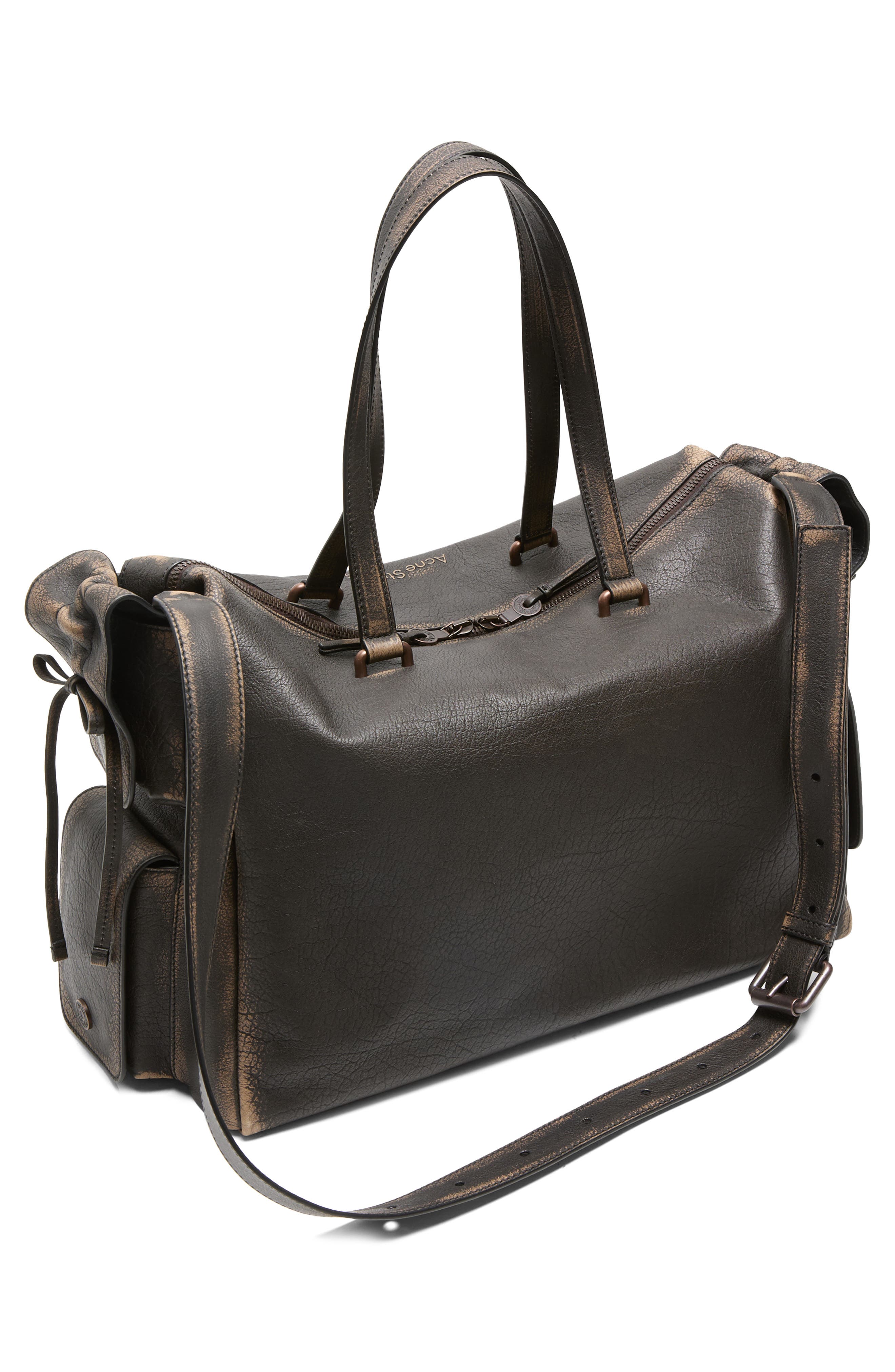 Acne Studios Multipocket Aged Leather Tote, Alternate, color, Dark Brown/ Beige