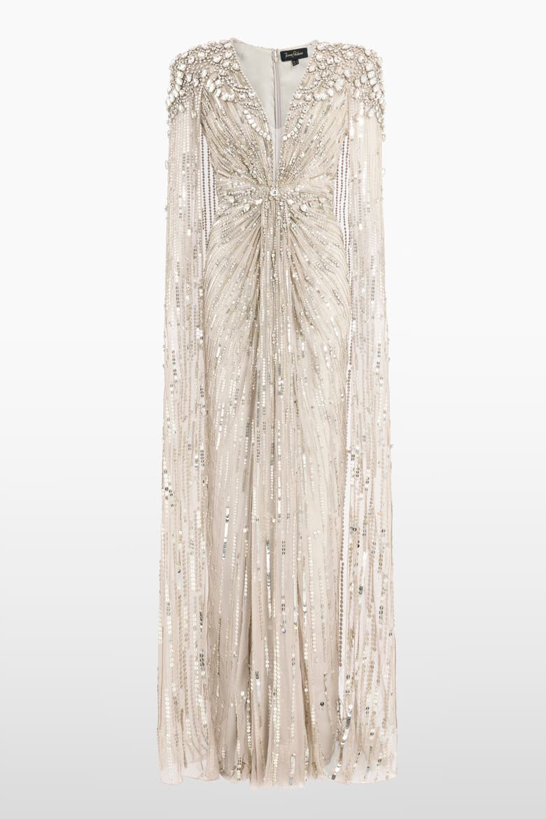 Lotus Lady Sequin-Embellished Cape Gown, Main, color, Platinum