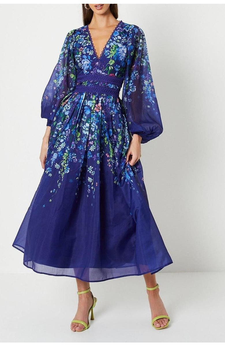 Coast Organza Floral Lace Trim Midaxi Dress, Alternate, color, Navy